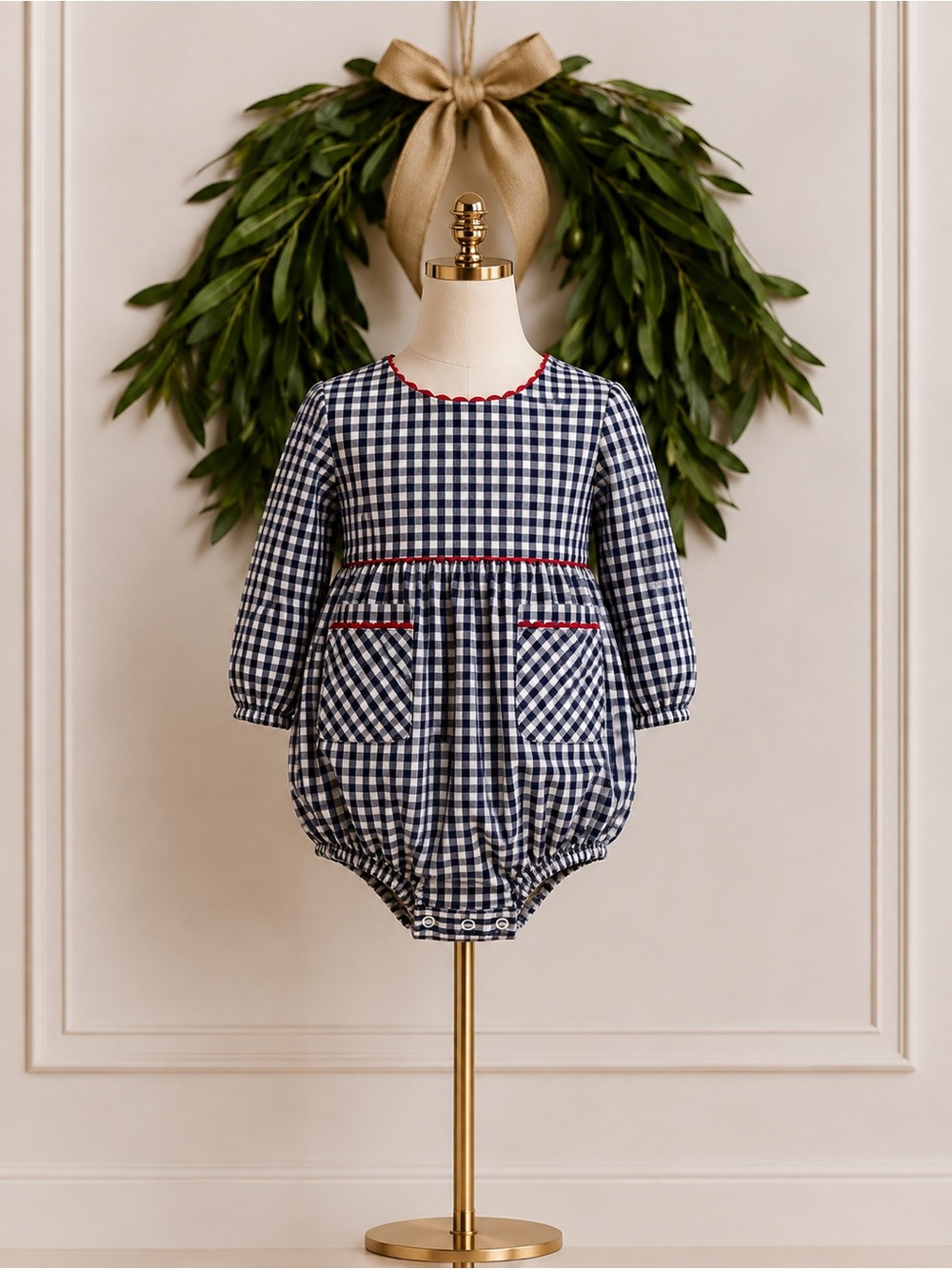 Bella Bliss Navy Blue White Gingham One Piece Romper Red Trim